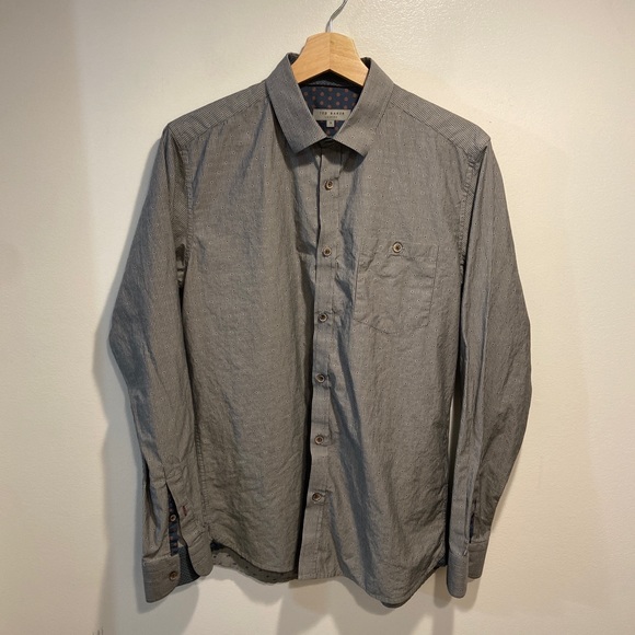 Ted Baker Gray Stripe Blue Dot Long Sleeve Button Up Flip Cuff Shirt Men 3 Small - Picture 2 of 7